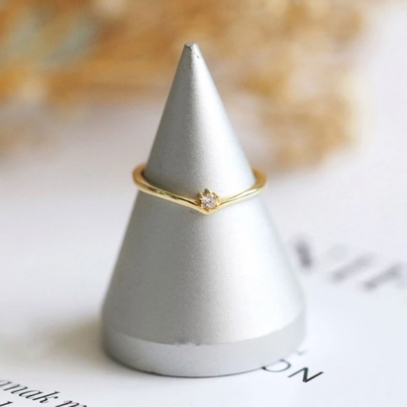 Sterling Silver "V" Shaped Stacking Gold Ring with Single Simulated Diamond - Picture 4 of 14